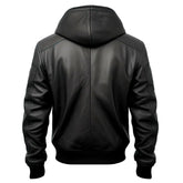 Winter Black Bomber Hooded Biker Pure Cowhide Leather Jacket For Men